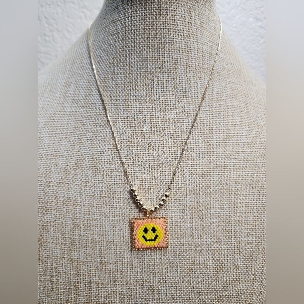Smiley Face Pendant Necklace Gold Plated Miyuki Style Beaded